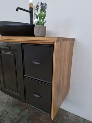 ארון אמבטיה תלוי לפי מידה רוחב עומק וצבע לפי בחירתך עם משטח עץ מלא להנחת כיור מונח דגם באדן