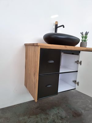 ארון אמבטיה תלוי לפי מידה רוחב עומק וצבע לפי בחירתך עם משטח עץ מלא להנחת כיור מונח דגם באדן