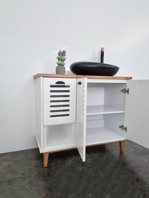 ארון אמבטיה עומד לפי מידה רוחב עומק וצבע לפי בחירתך עם משטח עץ מלא להנחת כיור מונח דגם אוסטנד