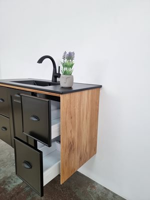 ארון אמבטיה תלוי לפי מידה רוחב עומק וצבע לפי בחירתך עם כיור משטח חרס שקוע דגם בון