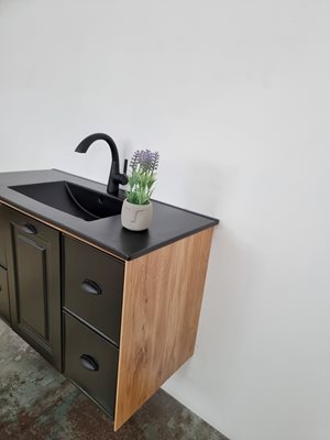 ארון אמבטיה תלוי לפי מידה רוחב עומק וצבע לפי בחירתך עם כיור משטח חרס שקוע דגם בון