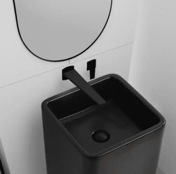 כיור רחצה חרס עומד מרובע רצפתי רוחב 41 ס"מ עומק 40 ס"מ גובה 84 ס"מ שחור מט ללא חור לברז דגם ציאן