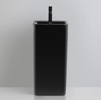 כיור רחצה חרס עומד מרובע רצפתי רוחב 41 ס"מ ועומק 40 ס"מ גובה 84 ס"מ שחור מט עם חור לברז דגם סנט