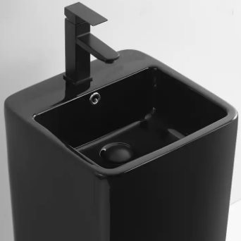 כיור רחצה חרס עומד מרובע רצפתי רוחב 41 ס"מ ועומק 40 ס"מ גובה 84 ס"מ שחור מט עם חור לברז דגם סנט