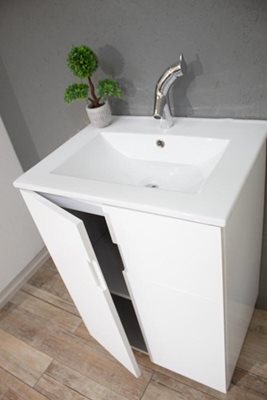 ארון אמבטיה עומד לפי מידה רוחב עומק וצבע לפי בחירתך עם כיור משטח חרס שקוע דגם סריפוס