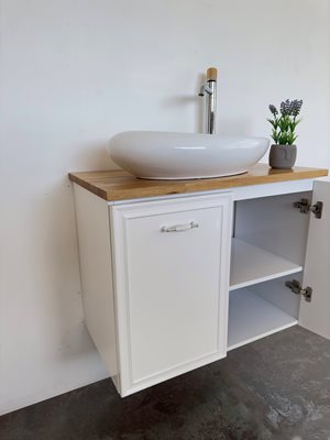 ארון אמבטיה תלוי לפי מידה רוחב עומק וצבע לפי בחירתך עם משטח עץ מלא להנחת כיור מונח דגם אמקס