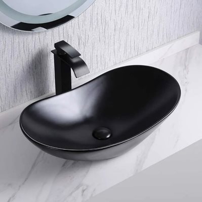 כיור רחצה מונח חרס אובלי רוחב 63 ס"מ ועומק 35 ס"מ צבע שחור מט דגם פורלי