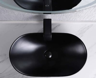 כיור רחצה מונח חרס אובלי רוחב 63 ס"מ ועומק 35 ס"מ צבע שחור מט דגם פורלי