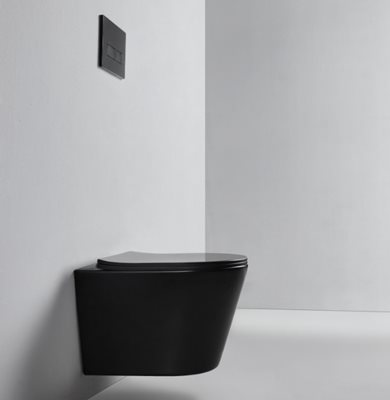 אסלה תלויה מעוגלת אורך 48 ס"מ שחור מט שטיפת רימליס כוללת מושב קשיח טריקה שקטה נשלף דגם טוקיו