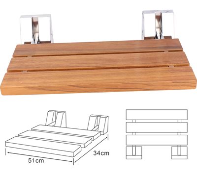 ספסל עץ טיק מלא לישיבה במקלחת מיועד לחדרים רטובים רוחב 51 ס"מ ומיועד לתליה על הקיר במקלחת מתקפל גוון פרזול ניקל מבריק דגם פארגה