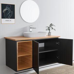 ארון אמבטיה תלוי רוחב 80, 100 ס"מ בעומק 46 ס"מ צבע לבן או שחור מט לבחירתך עם משטח עץ מלא להנחת כיור מונח דגם הבאנא B