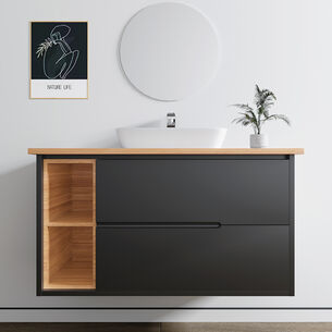 ארון אמבטיה תלוי לפי מידה רוחב עומק וצבע לפי בחירתך עם משטח עץ מלא להנחת כיור מונח דגם עלמה