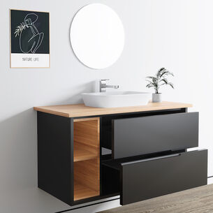 ארון אמבטיה תלוי לפי מידה רוחב עומק וצבע לפי בחירתך עם משטח עץ מלא להנחת כיור מונח דגם עלמה