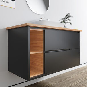 ארון אמבטיה תלוי לפי מידה רוחב עומק וצבע לפי בחירתך עם משטח עץ מלא להנחת כיור מונח דגם עלמה