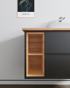 ארון אמבטיה תלוי לפי מידה רוחב עומק וצבע לפי בחירתך עם משטח עץ מלא להנחת כיור מונח דגם עלמה