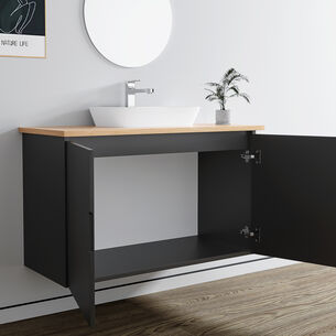 ארון אמבטיה תלוי לפי מידה רוחב עומק וצבע לפי בחירתך עם משטח עץ מלא להנחת כיור מונח דגם יוון B