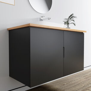 ארון אמבטיה תלוי לפי מידה רוחב עומק וצבע לפי בחירתך עם משטח עץ מלא להנחת כיור מונח דגם יוון B