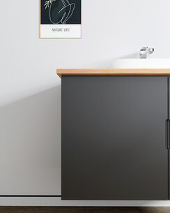 ארון אמבטיה תלוי לפי מידה רוחב עומק וצבע לפי בחירתך עם משטח עץ מלא להנחת כיור מונח דגם יוון B