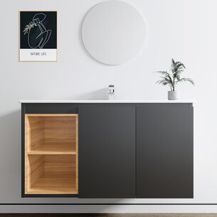 ארון אמבטיה תלוי רוחב 80, 100 ס"מ בעומק 46 ס"מ צבע לבן או שחור מט לבחירתך עם כיור משטח חרס שקוע דגם רותין B