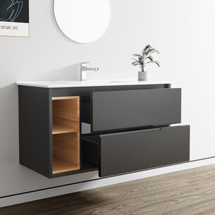 ארון אמבטיה תלוי לפי מידה רוחב עומק וצבע לפי בחירתך עם כיור משטח חרס שקוע דגם יולה