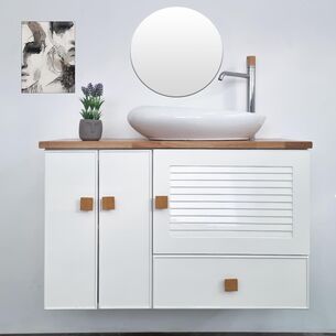 ארון אמבטיה תלוי לפי מידה רוחב עומק וצבע לפי בחירתך עם משטח עץ מלא להנחת כיור מונח דגם מרבורג