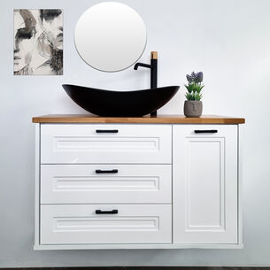 ארון אמבטיה תלוי לפי מידה רוחב עומק וצבע לפי בחירתך עם משטח עץ מלא להנחת כיור מונח דגם דרזדן