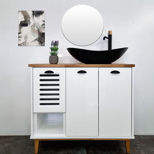 ארון אמבטיה עומד לפי מידה רוחב עומק וצבע לפי בחירתך עם משטח עץ מלא להנחת כיור מונח דגם אוסטנד