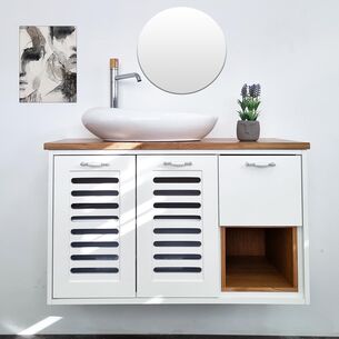 ארון אמבטיה תלוי לפי מידה רוחב עומק וצבע לפי בחירתך עם משטח עץ מלא להנחת כיור מונח דגם לומבריה