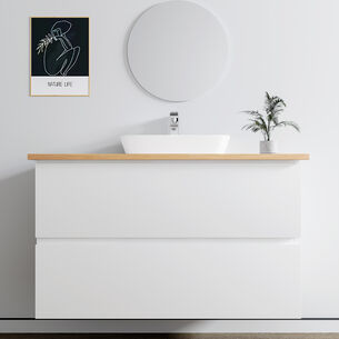 ארון אמבטיה תלוי רוחב 60, 80 ס"מ בעומק 46 ס"מ צבע לבן מט לבחירתך עם משטח עץ מלא להנחת כיור מונח דגם תלמה W