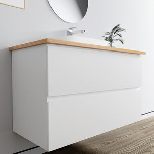 ארון אמבטיה תלוי רוחב 60, 80 ס"מ בעומק 46 ס"מ צבע לבן מט לבחירתך עם משטח עץ מלא להנחת כיור מונח דגם תלמה W