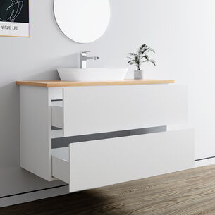 ארון אמבטיה תלוי רוחב 60, 80 ס"מ בעומק 46 ס"מ צבע לבן מט לבחירתך עם משטח עץ מלא להנחת כיור מונח דגם תלמה W