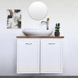 ארון אמבטיה תלוי לפי מידה רוחב עומק וצבע לפי בחירתך עם משטח עץ מלא להנחת כיור מונח דגם אמקס