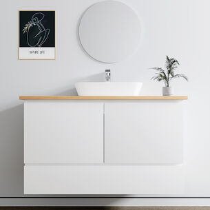 ארון אמבטיה תלוי רוחב 60, 80, 100 ס"מ לבחירתך בעומק 46 ס"מ צבע לבן מט עם משטח עץ מלא להנחת כיור מונח דגם סופה