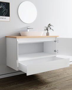 ארון אמבטיה תלוי רוחב 60, 80, 100 ס"מ לבחירתך בעומק 46 ס"מ צבע לבן מט עם משטח עץ מלא להנחת כיור מונח דגם סופה