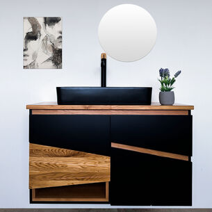 ארון אמבטיה תלוי לפי מידה רוחב עומק וצבע לפי בחירתך עם משטח עץ מלא להנחת כיור מונח דגם פארמה