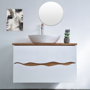 ארון אמבטיה תלוי לפי מידה רוחב עומק וצבע לפי בחירתך עם משטח עץ מלא להנחת כיור מונח דגם באדו