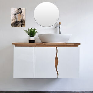 ארון אמבטיה תלוי לפי מידה רוחב עומק וצבע לפי בחירתך עם משטח עץ מלא להנחת כיור מונח דגם הילטון