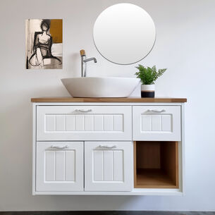 ארון אמבטיה תלוי לפי מידה רוחב עומק וצבע לפי בחירתך עם משטח עץ מלא להנחת כיור מונח דגם בישו