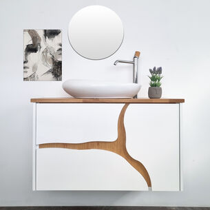 ארון אמבטיה תלוי לפי מידה רוחב עומק וצבע לפי בחירתך עם משטח עץ מלא להנחת כיור מונח דגם גאנא