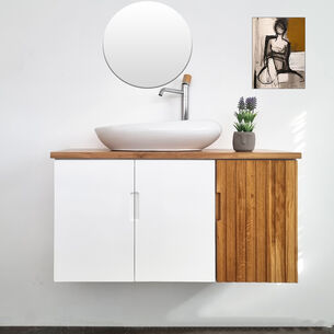 ארון אמבטיה תלוי לפי מידה רוחב עומק וצבע לפי בחירתך עם משטח עץ מלא להנחת כיור מונח דגם פאולוס