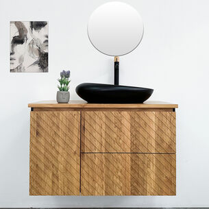 ארון אמבטיה תלוי לפי מידה רוחב עומק וצבע דופן לפי בחירתך עשוי מעץ מלא אלון מבוקע עם משטח להנחת כיור מונח דגם תיגואנא