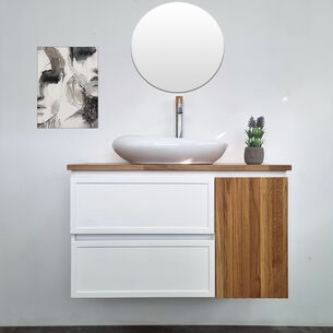 ארון אמבטיה תלוי לפי מידה רוחב עומק וצבע לפי בחירתך עם משטח עץ מלא להנחת כיור מונח דגם סקיאטוס