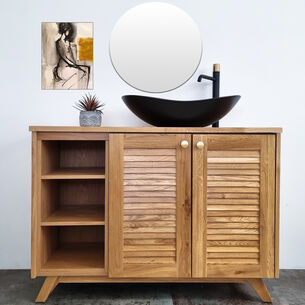 ארון אמבטיה עומד לפי מידה רוחב ועומק לפי בחירתך עשוי מעץ מלא אלון מבוקע עם משטח להנחת כיור מונח דגם סנטה