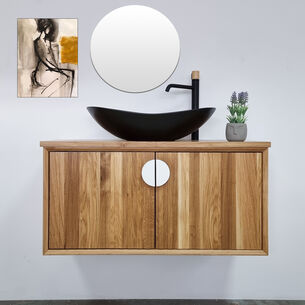 ארון אמבטיה תלוי לפי מידה רוחב ועומק לפי בחירתך עשוי מעץ מלא אלון מבוקע עם משטח להנחת כיור מונח דגם סאוטר