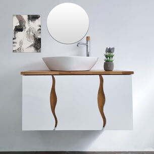 ארון אמבטיה תלוי לפי מידה רוחב עומק וצבע לפי בחירתך עם משטח עץ מלא להנחת כיור מונח דגם פיזה