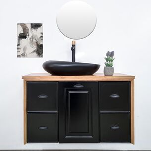 ארון אמבטיה תלוי לפי מידה רוחב עומק וצבע לפי בחירתך עם משטח עץ מלא להנחת כיור מונח דגם באדן