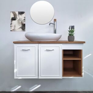 ארון אמבטיה תלוי לפי מידה רוחב עומק וצבע לפי בחירתך עם משטח עץ מלא להנחת כיור מונח דגם פלוטו