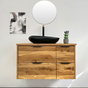 ארון אמבטיה תלוי לפי מידה רוחב ועומק לפי בחירתך עשוי מעץ מלא אלון מבוקע עם משטח להנחת כיור מונח דגם רונדה