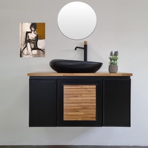 ארון אמבטיה תלוי לפי מידה רוחב עומק וצבע לפי בחירתך עם משטח עץ מלא להנחת כיור מונח דגם מאטריקס