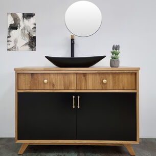 ארון אמבטיה עומד לפי מידה רוחב עומק וצבע דלתות לפי בחירתך עשוי מעץ מלא אלון מבוקע עם משטח להנחת כיור מונח דגם מנילה